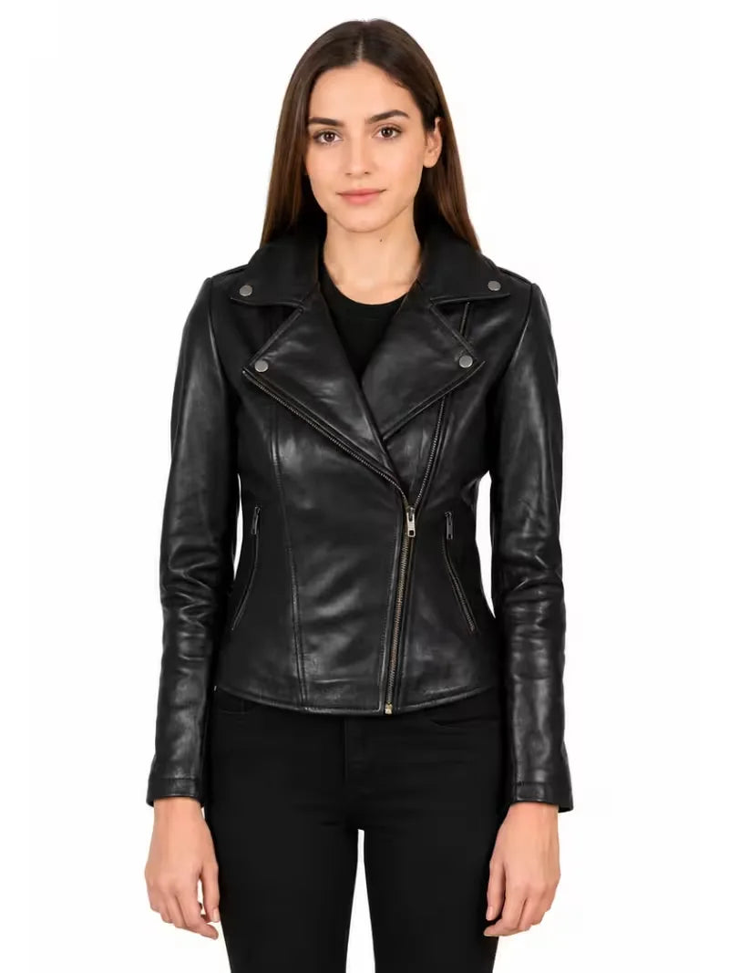 Women's black sheepskin leather biker jacket, front view