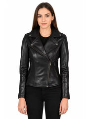 Women's black sheepskin leather biker jacket, front view