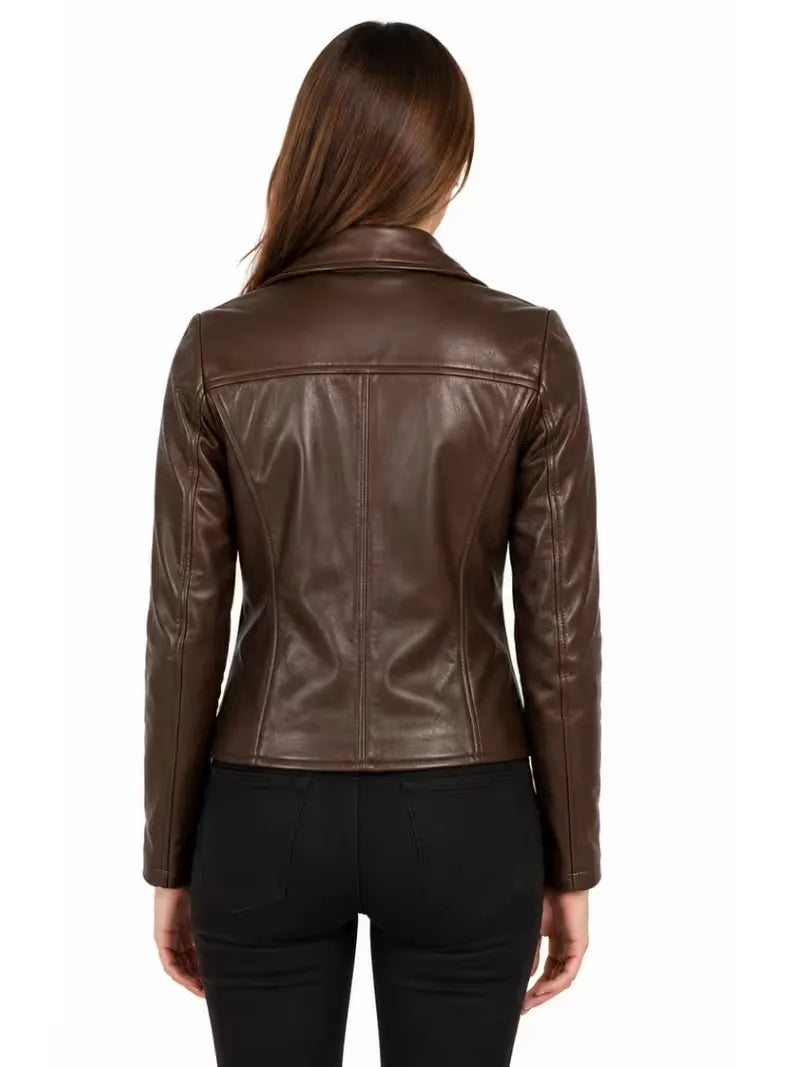 Women's black sheepskin leather biker jacket, collar detail