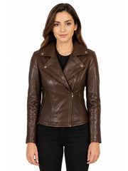 Women's black sheepskin leather biker jacket, side view