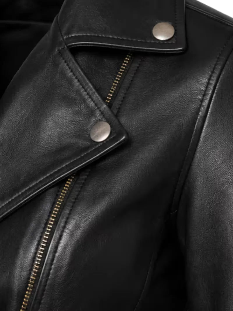 Women's black sheepskin leather biker jacket, cuff detail