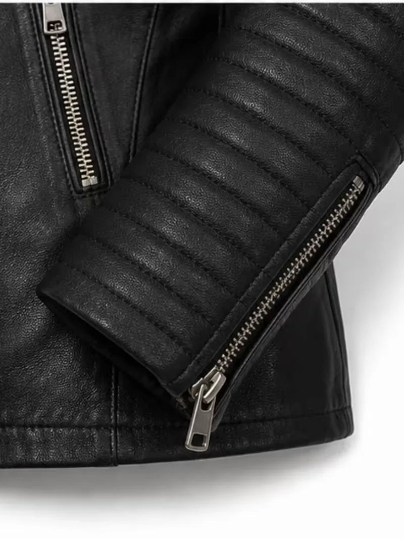 Women's black sheepskin leather biker jacket, lining detail