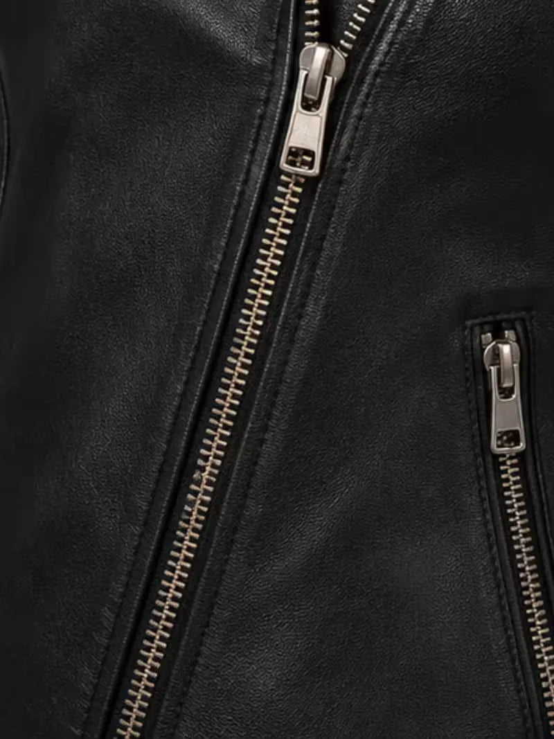 Women's black sheepskin leather biker jacket, pocket detail