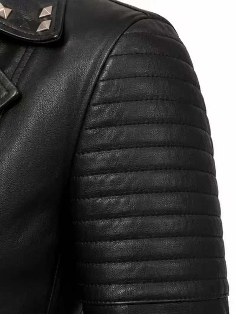 Women's black sheepskin leather biker jacket, cuff detail
