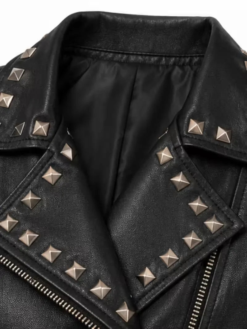 Women's black sheepskin leather biker jacket, zip and closure detail