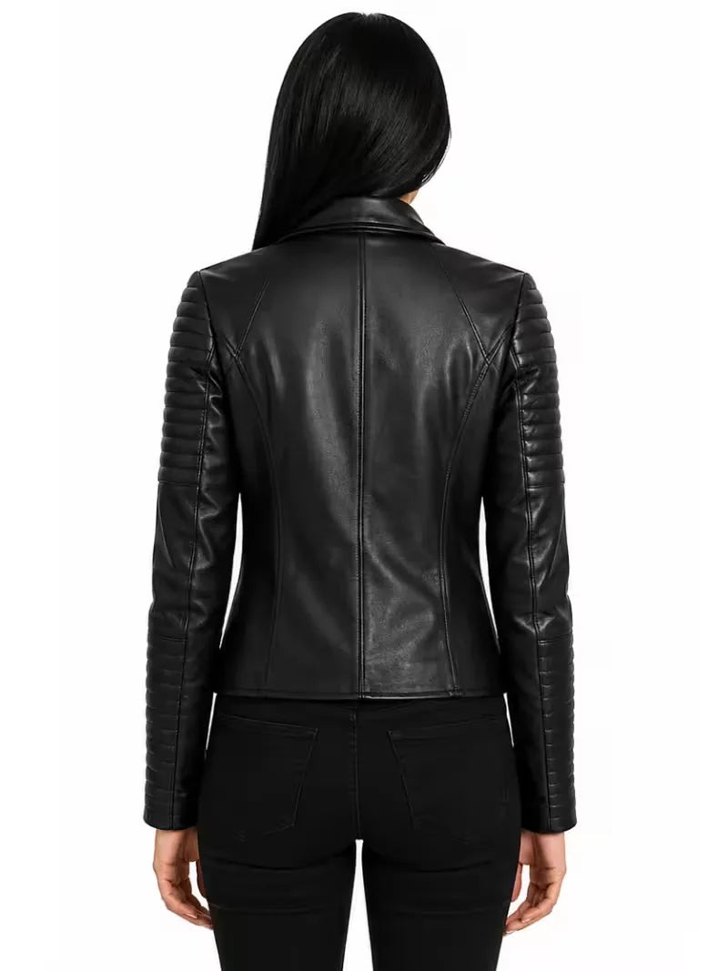 Women's black sheepskin leather biker jacket, back view
