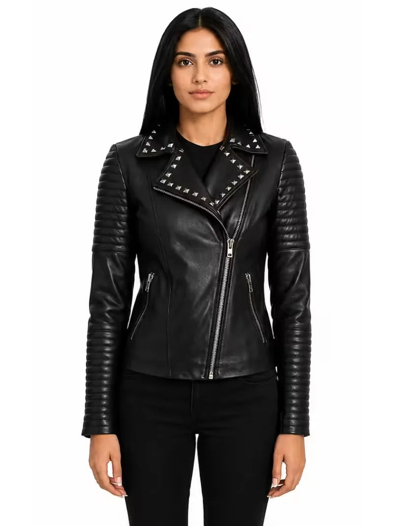 Women's black sheepskin leather biker jacket, front view