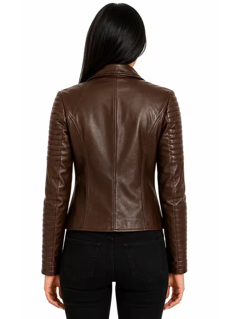 Women's black sheepskin leather biker jacket, collar detail