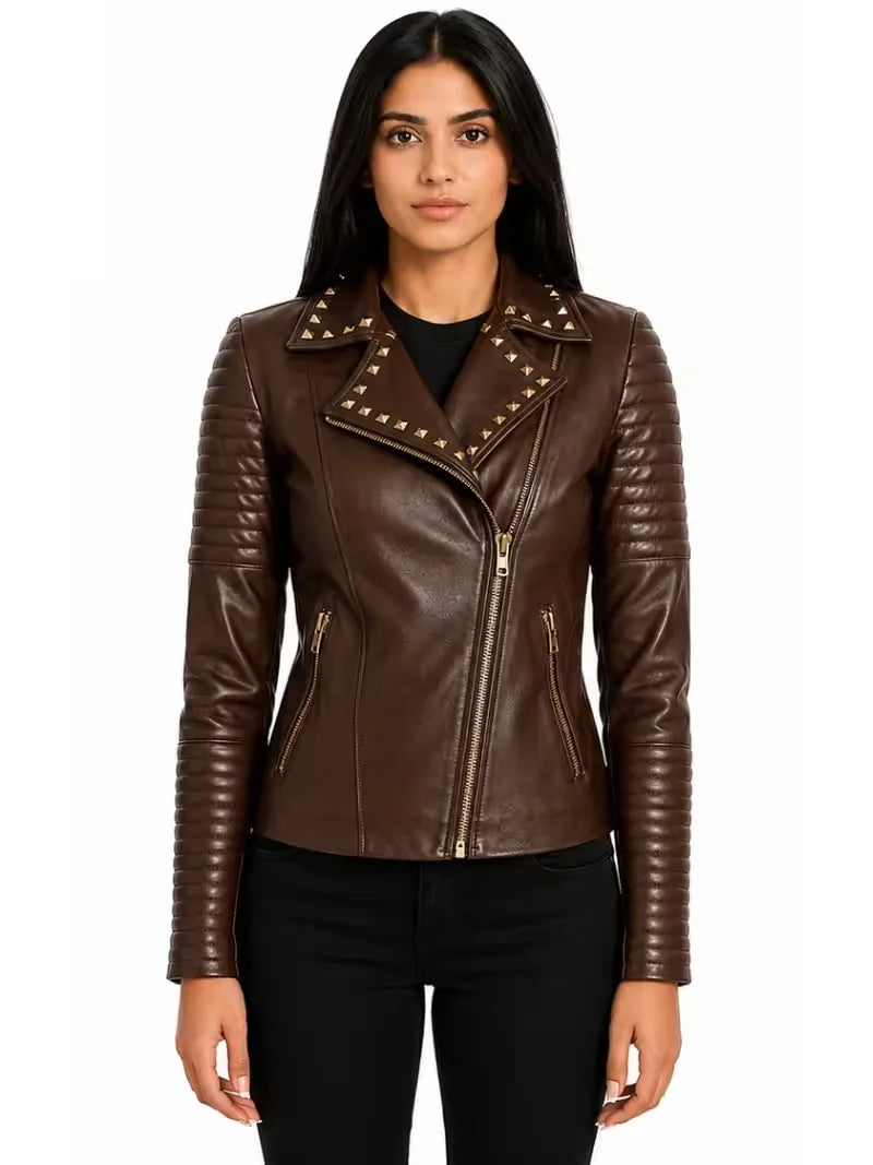 Women's black sheepskin leather biker jacket, side view