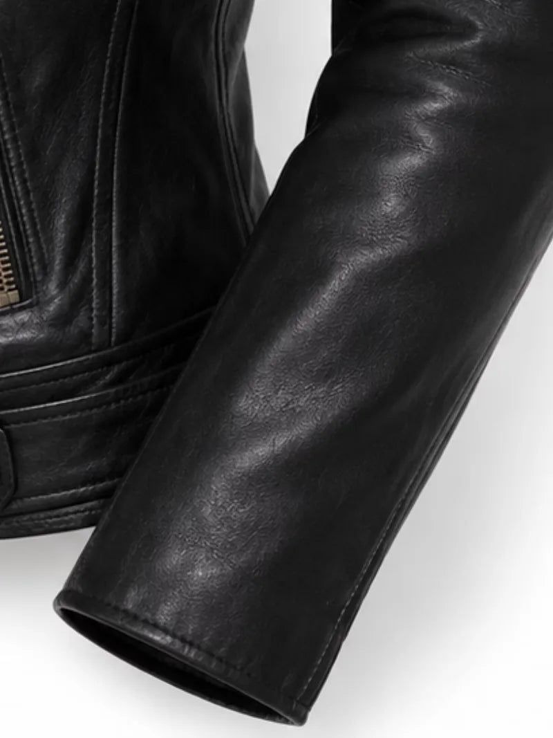 Women's black cowhide leather biker jacket, full length