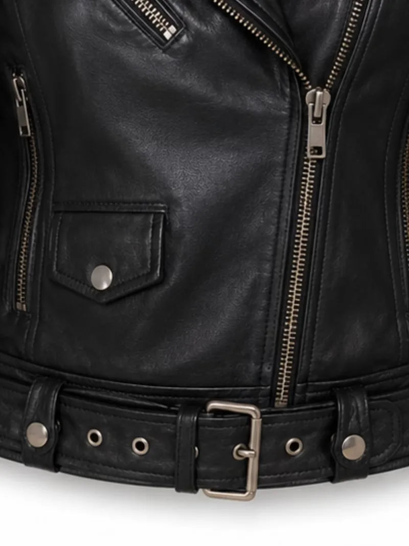 Women's black cowhide leather biker jacket, lining detail