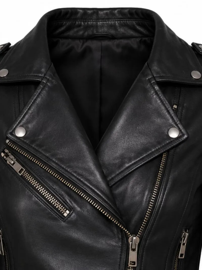 Women's black cowhide leather biker jacket, pocket detail