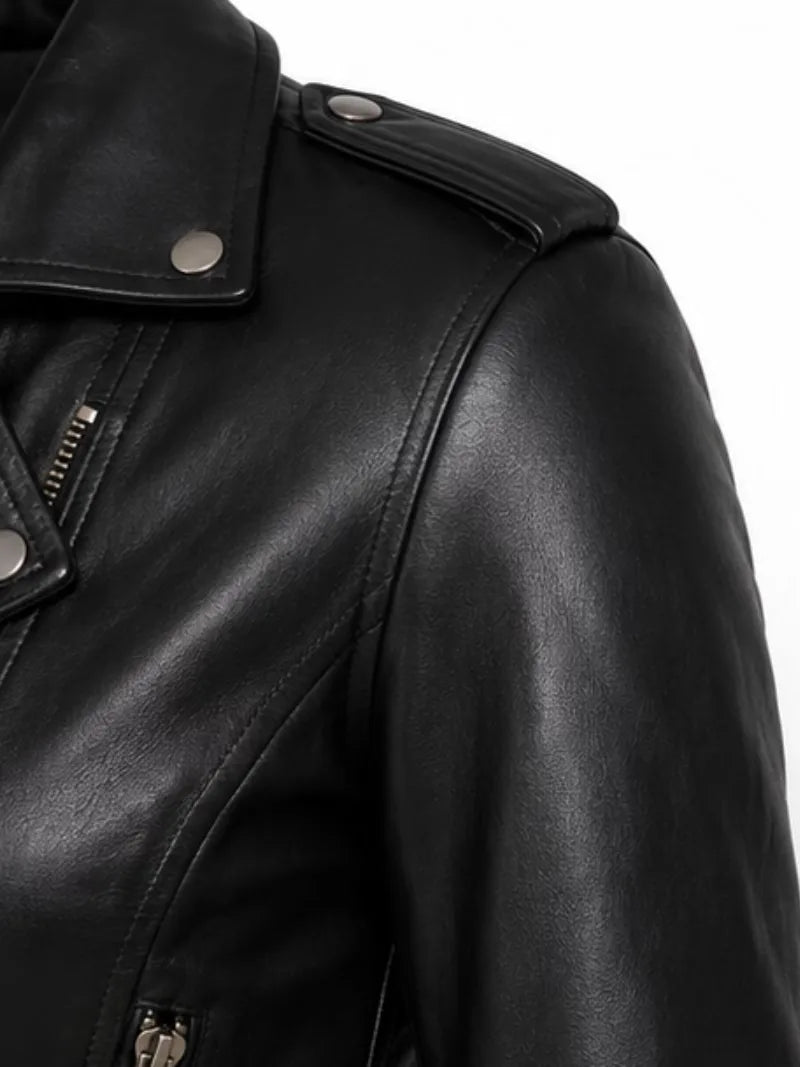 Women's black cowhide leather biker jacket, cuff detail