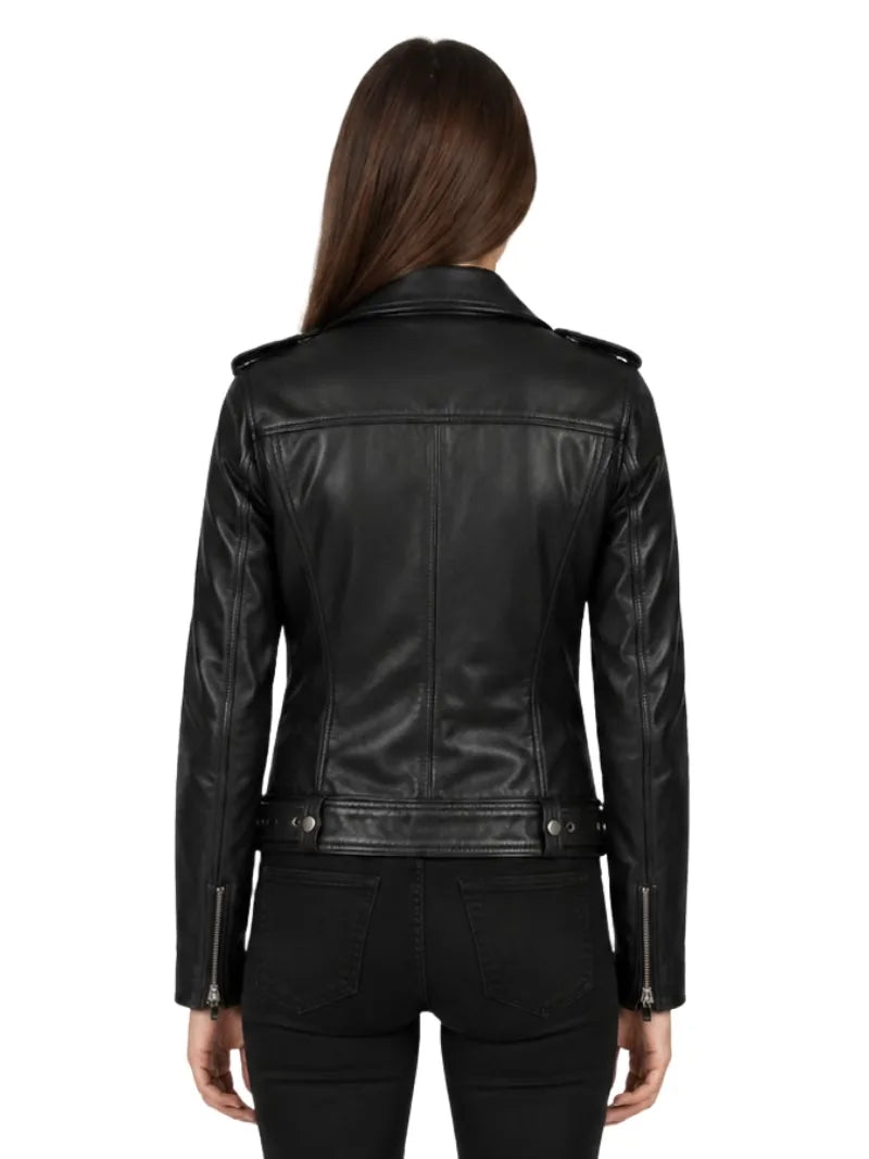 Women's black cowhide leather biker jacket, back view