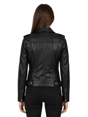 Women's black cowhide leather biker jacket, back view