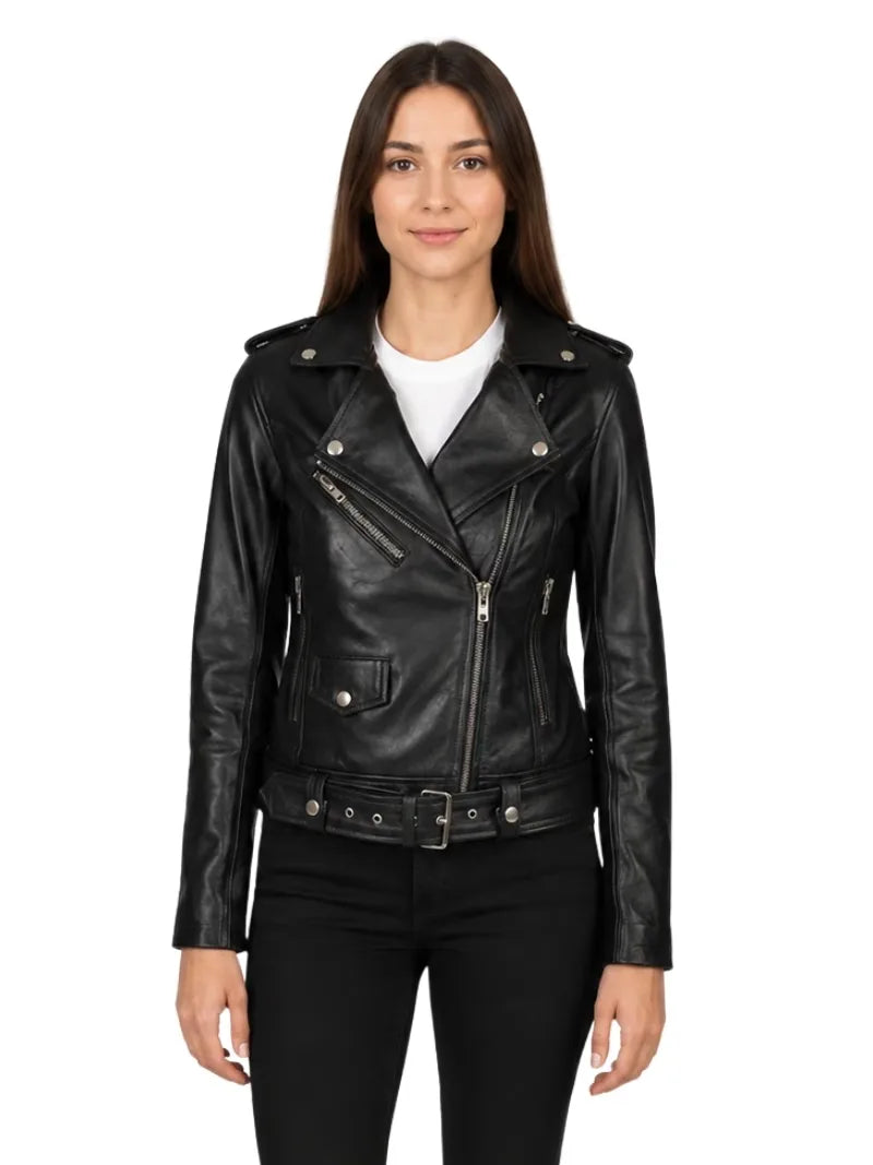 Women's black cowhide leather biker jacket, zip and closure detail