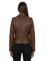 Women's black cowhide leather biker jacket, collar detail
