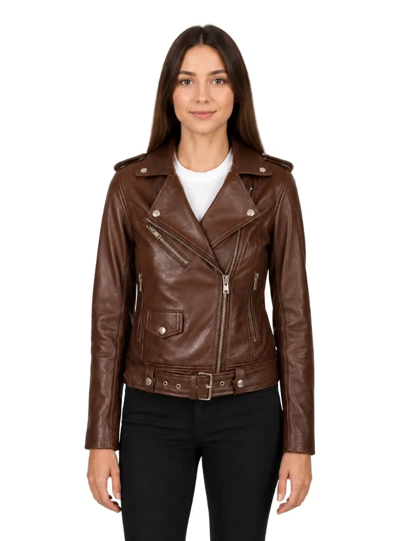 Women's black cowhide leather biker jacket, side view