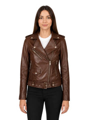 Women's black cowhide leather biker jacket, side view