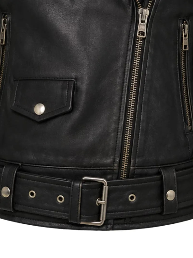 Women's black sheepskin leather jacket, pocket detail