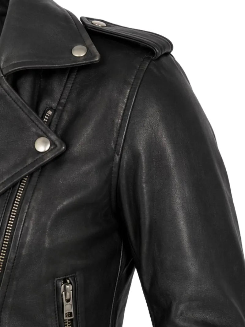Women's black sheepskin leather jacket, cuff detail