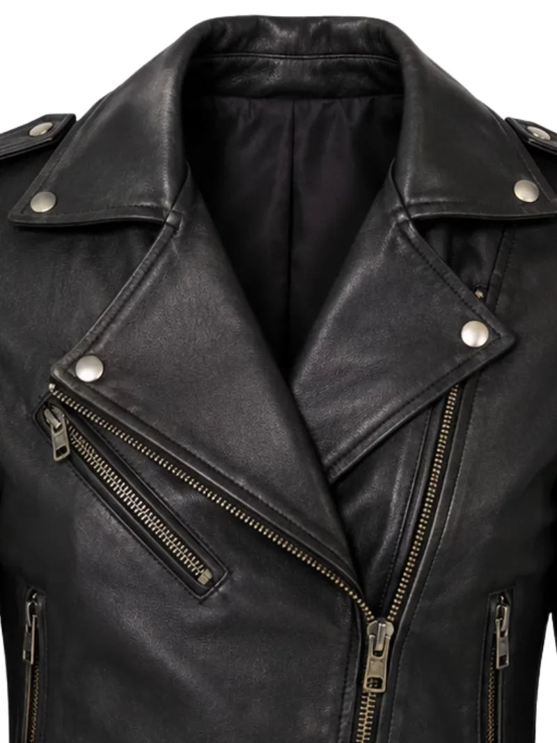 Women's black sheepskin leather jacket, zip and closure detail