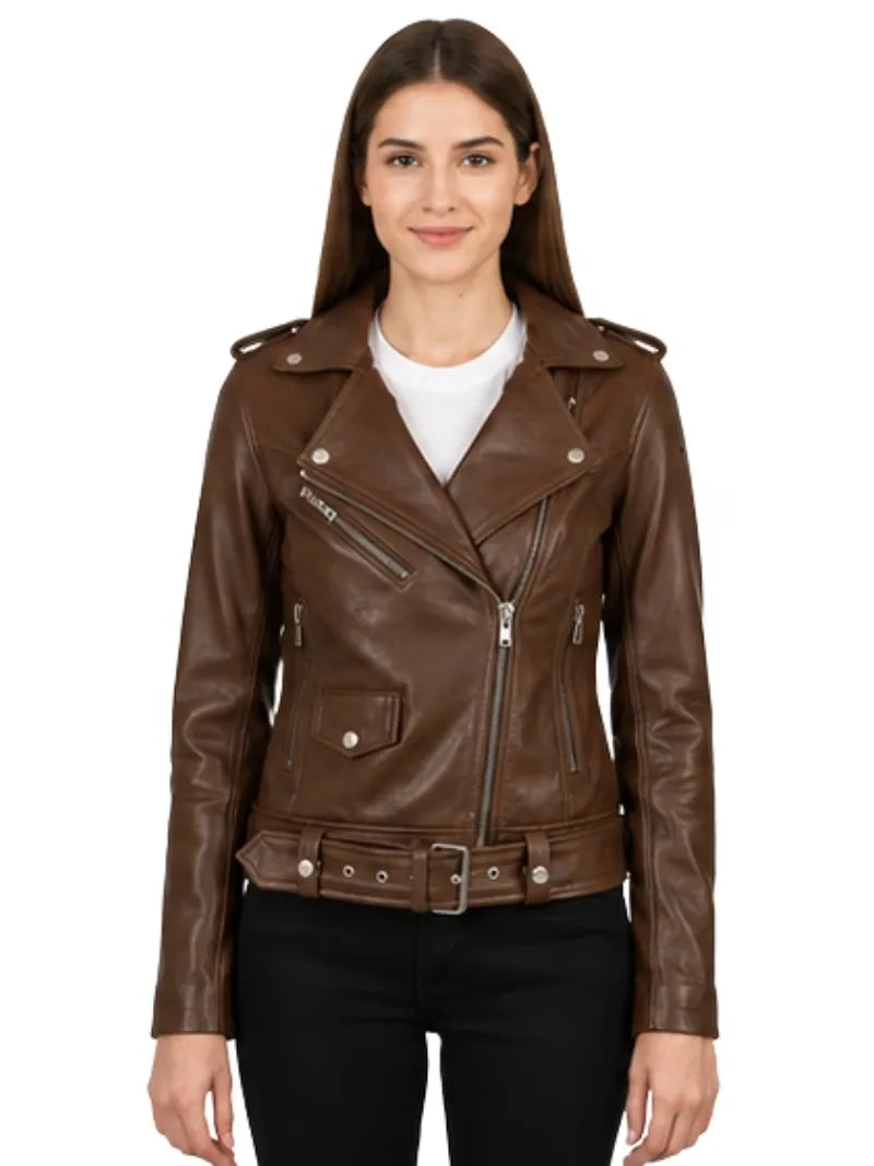 Women's black sheepskin leather jacket, side view