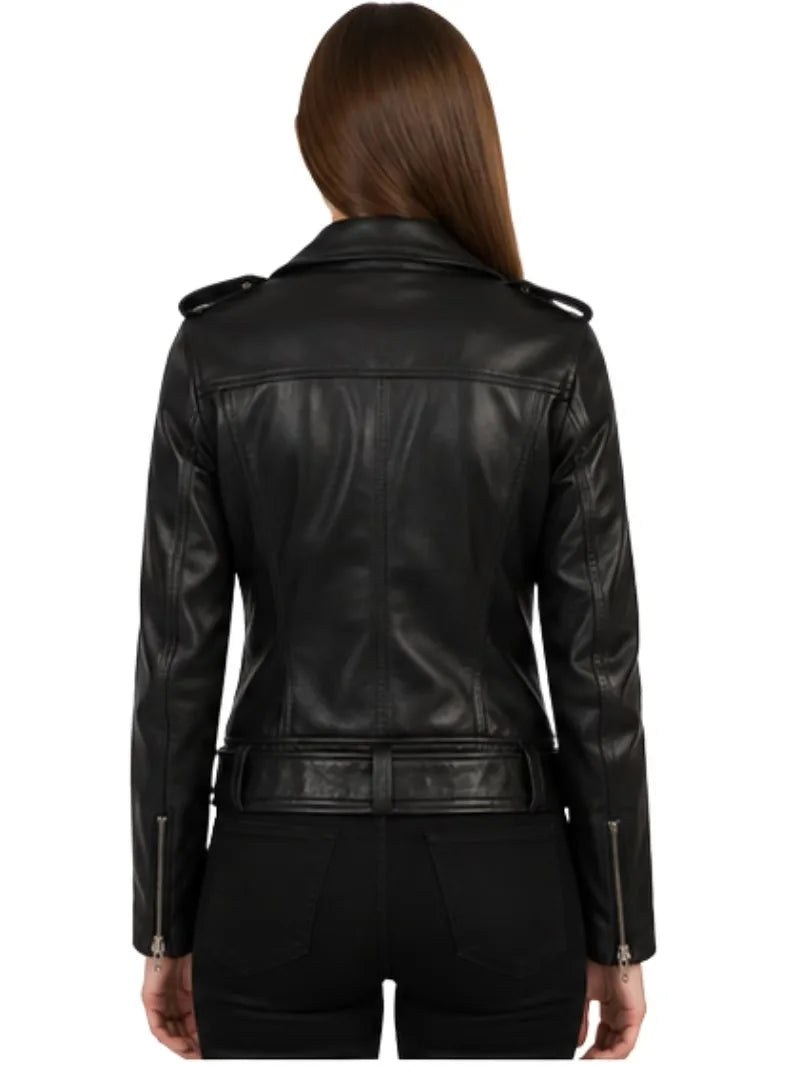 Women's black sheepskin leather jacket, back view