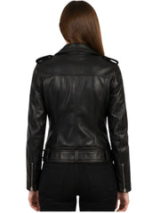 Women's black sheepskin leather jacket, back view