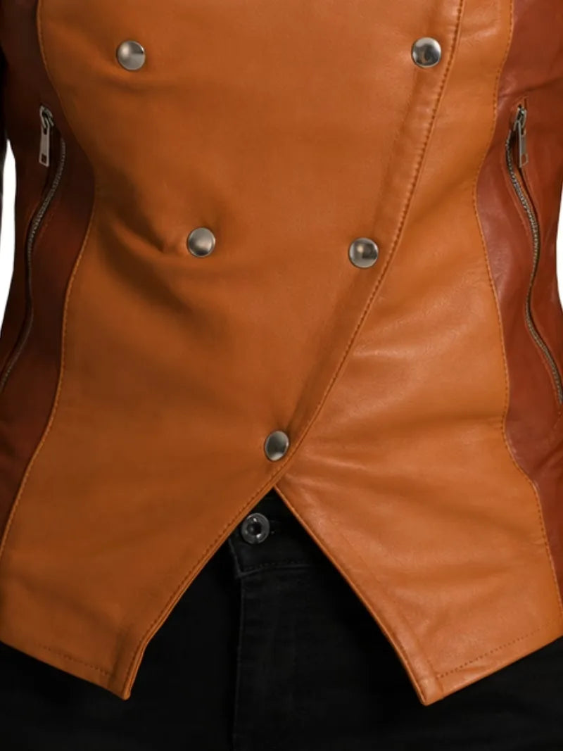 Women's brown sheepskin leather jacket, pocket detail