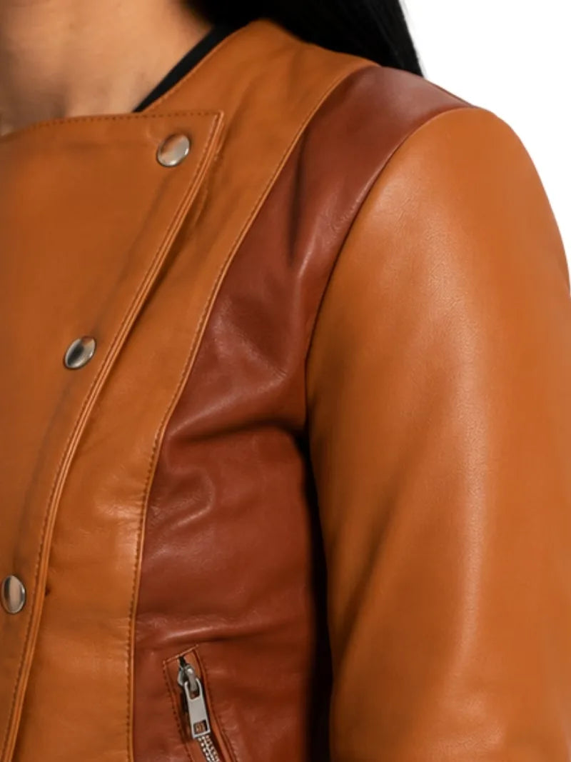 Women's brown sheepskin leather jacket, cuff detail