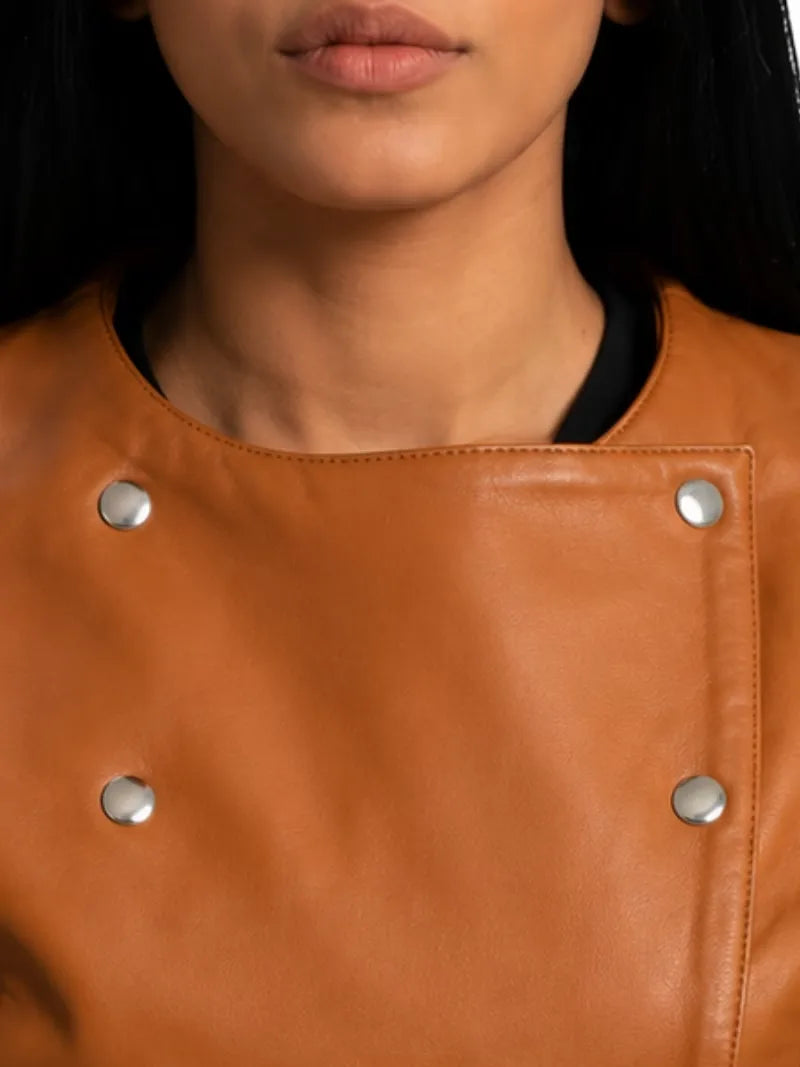 Women's brown sheepskin leather jacket, zip and closure detail