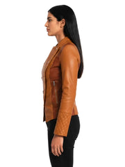 Women's brown sheepskin leather jacket, collar detail