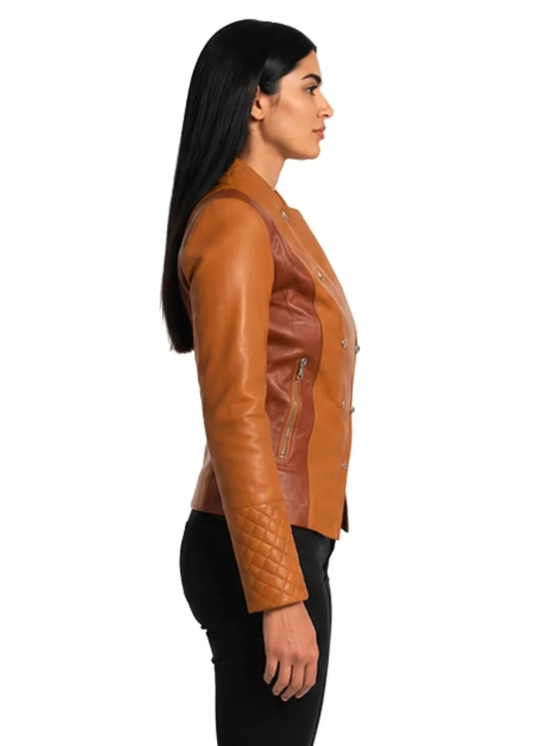 Women's brown sheepskin leather jacket, side view