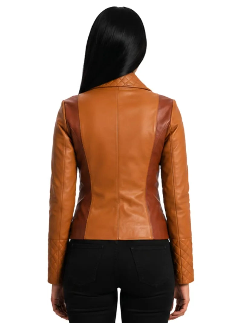 Women's brown sheepskin leather jacket, back view