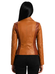 Women's brown sheepskin leather jacket, back view