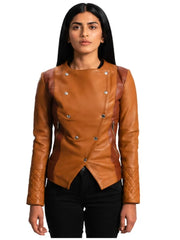 Women's brown sheepskin leather jacket, front view