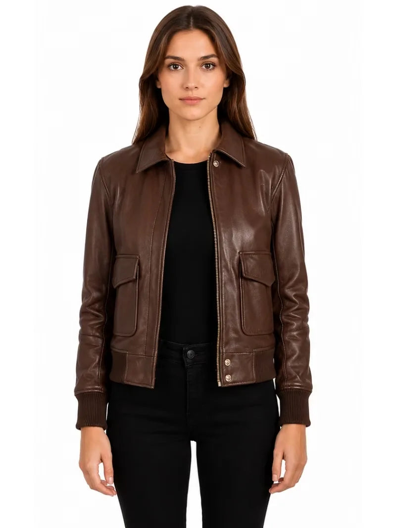 Women's black sheepskin leather jacket, side view