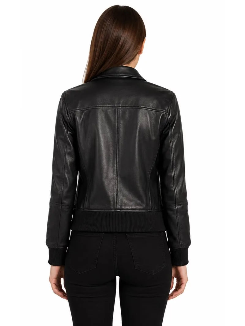 Women's black sheepskin leather jacket, back view