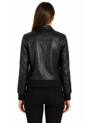 Women's black sheepskin leather jacket, back view