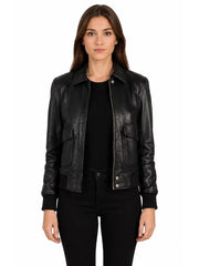 Women's black sheepskin leather jacket, front view