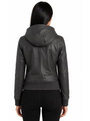 Women's black sheepskin leather jacket, back view