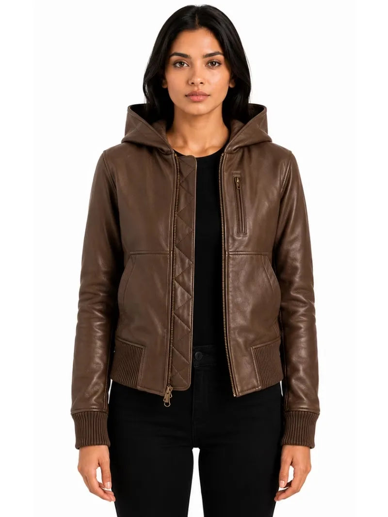 Women's black sheepskin leather jacket, side view