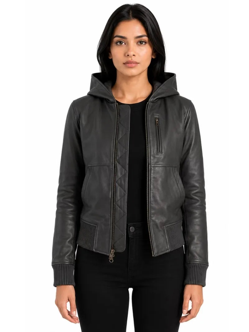 Women's black sheepskin leather jacket, front view