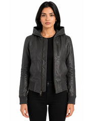 Women's black sheepskin leather jacket, front view