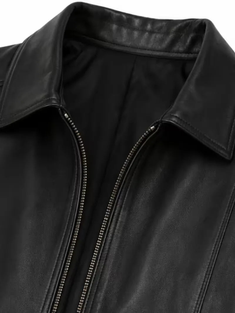 Women's black sheepskin leather jacket, side view
