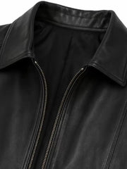 Women's black sheepskin leather jacket, side view