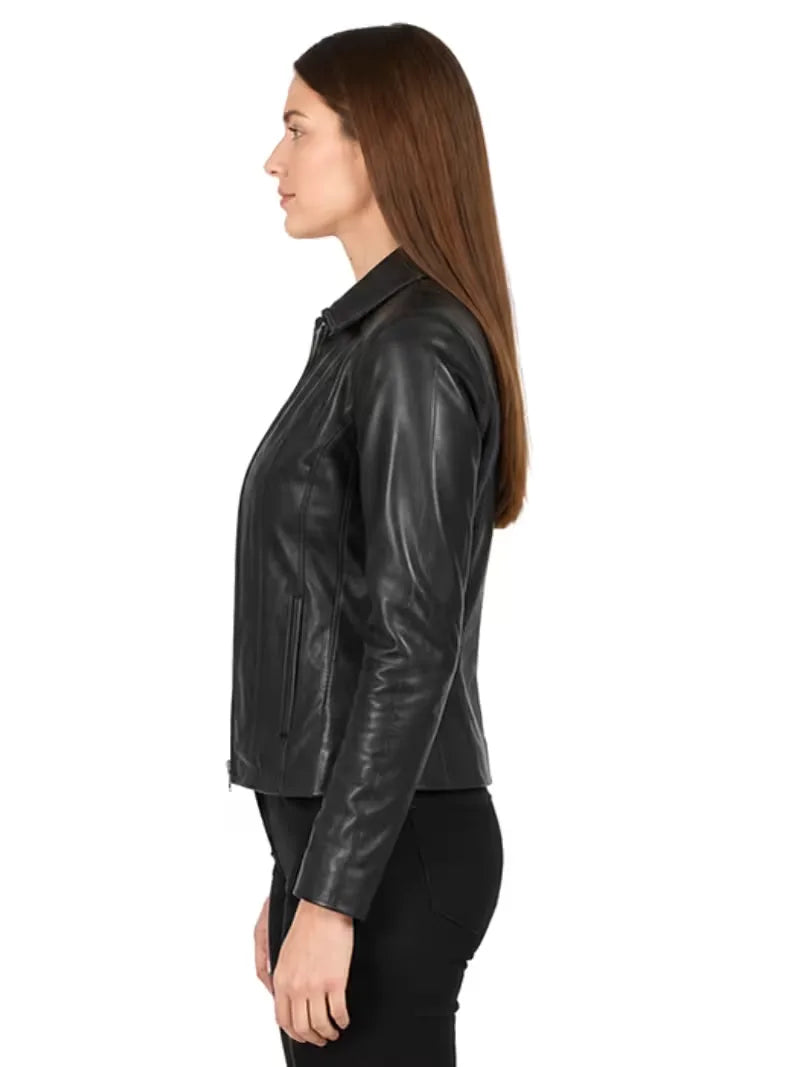 Women's black sheepskin leather jacket, lining detail