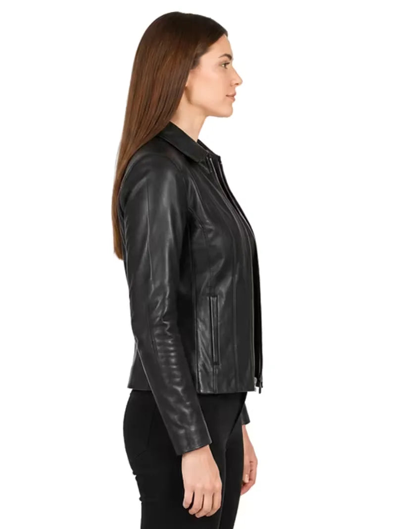 Women's black sheepskin leather jacket, pocket detail
