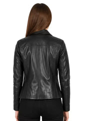 Women's black sheepskin leather jacket, back view